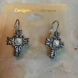 Silver tone cross earrings